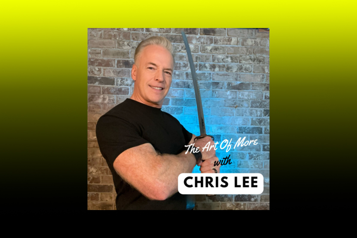 Chris Lee holding a sword, promoting "The Art of More" podcast, with a brick wall background, highlighting fractional leadership in marketing for construction companies.