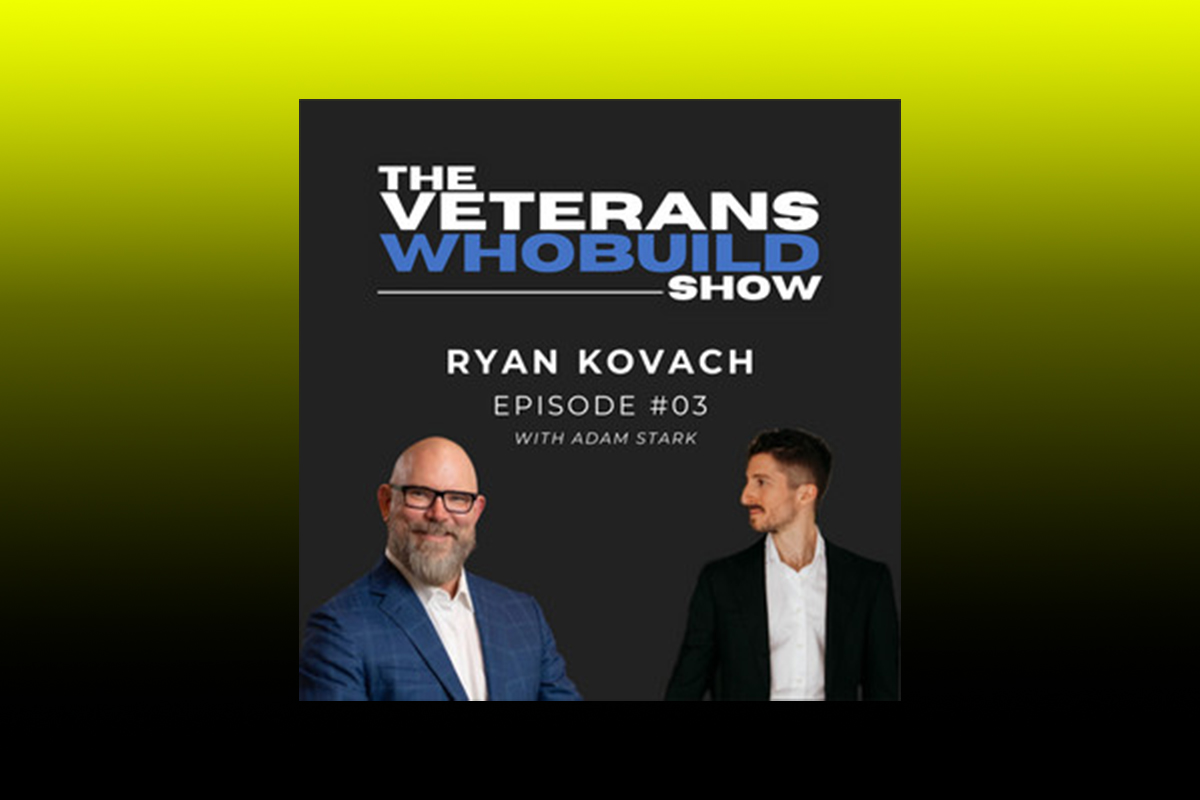 Podcast cover for "The Veterans Who Build Show," featuring Ryan Kovach and Adam Stark, discussing military-to-business transitions and leadership in construction marketing.