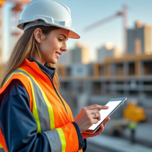 Woman in safety gear using a tablet on a construction site, emphasizing digital tools in construction marketing.