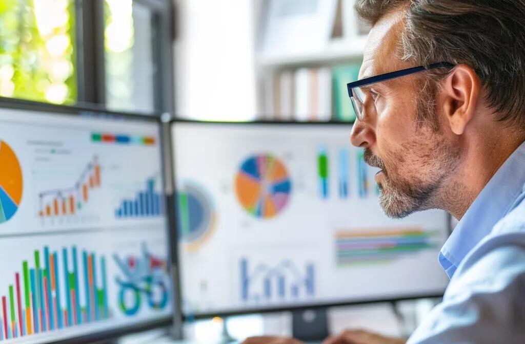 a builder carefully analyzing graphs and charts on a computer screen, surrounded by data and analytics tools, with a focused and determined expression.