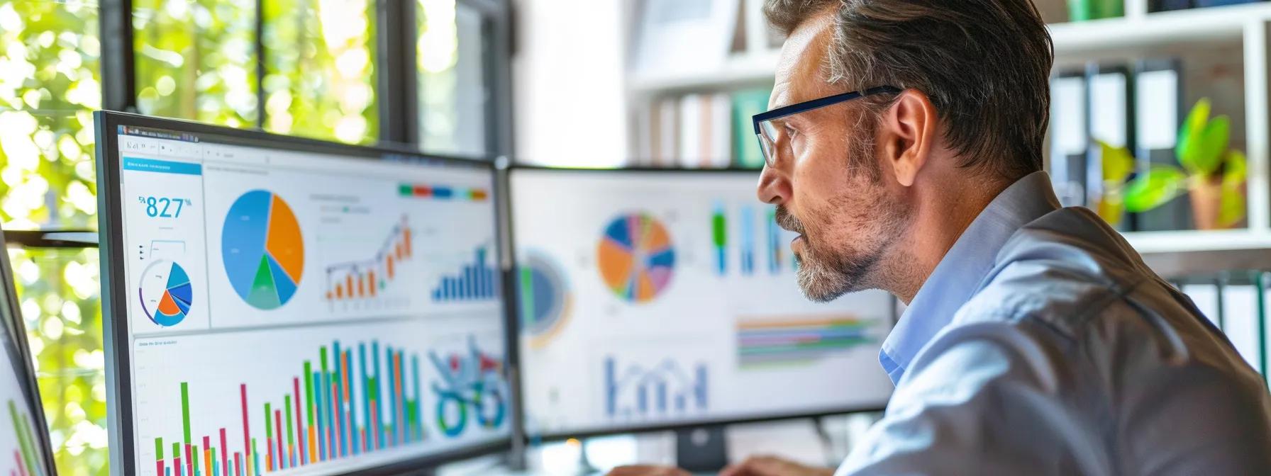a builder carefully analyzing graphs and charts on a computer screen, surrounded by data and analytics tools, with a focused and determined expression.