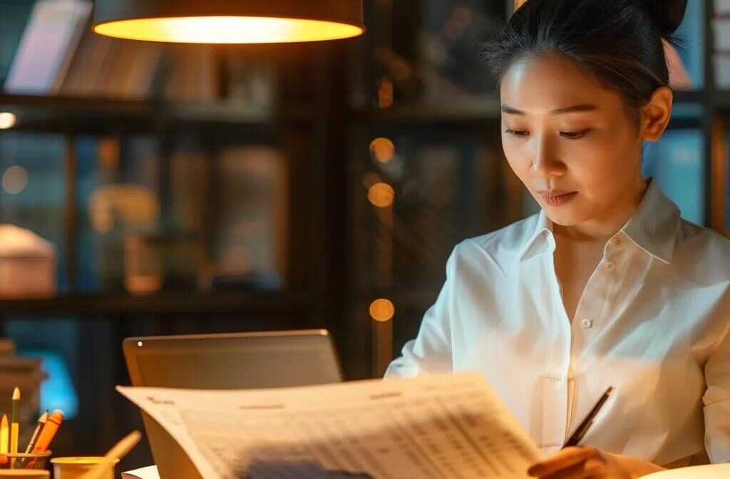 a construction company executive reviewing detailed analytics reports on a laptop, surrounded by charts and graphs showing roi data for content marketing efforts.