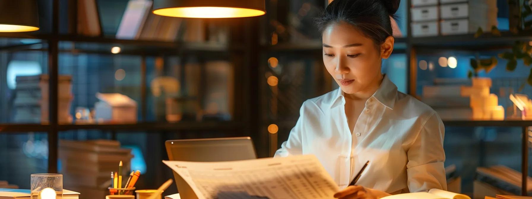 a construction company executive reviewing detailed analytics reports on a laptop, surrounded by charts and graphs showing roi data for content marketing efforts.