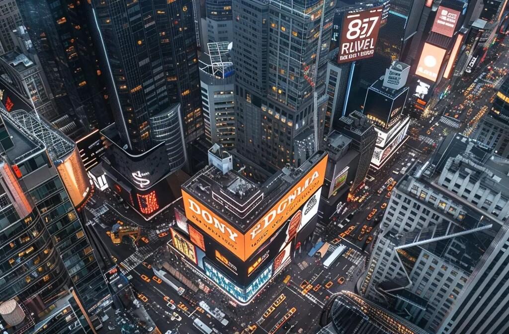 a construction company logo prominently displayed on a sleek digital billboard overlooking a bustling cityscape, symbolizing the powerful impact of visual branding in the industry.