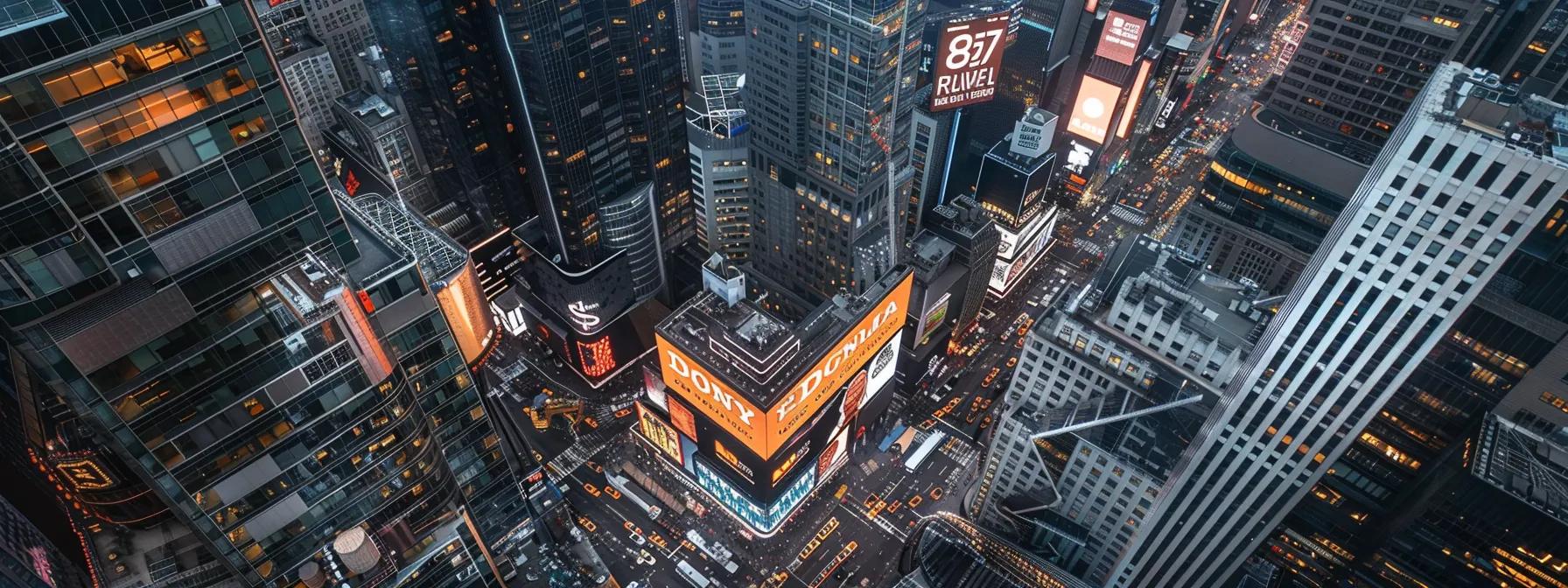 a construction company logo prominently displayed on a sleek digital billboard overlooking a bustling cityscape, symbolizing the powerful impact of visual branding in the industry.