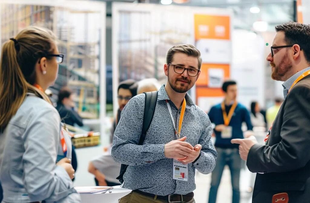 a construction company representative networking with industry influencers at a bustling conference, surrounded by large posters of industry publications and engaging in a lively conversation to strengthen their online authority.