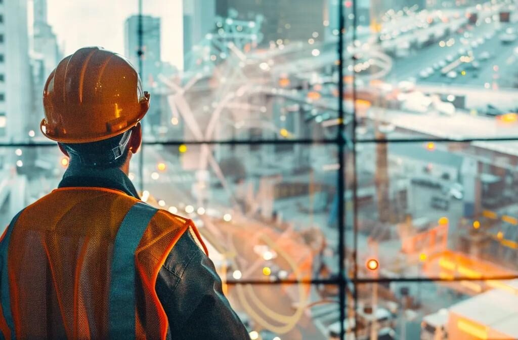 a construction consultant overseeing a bustling construction site while a digital advertisement for their services plays on a large screen nearby.