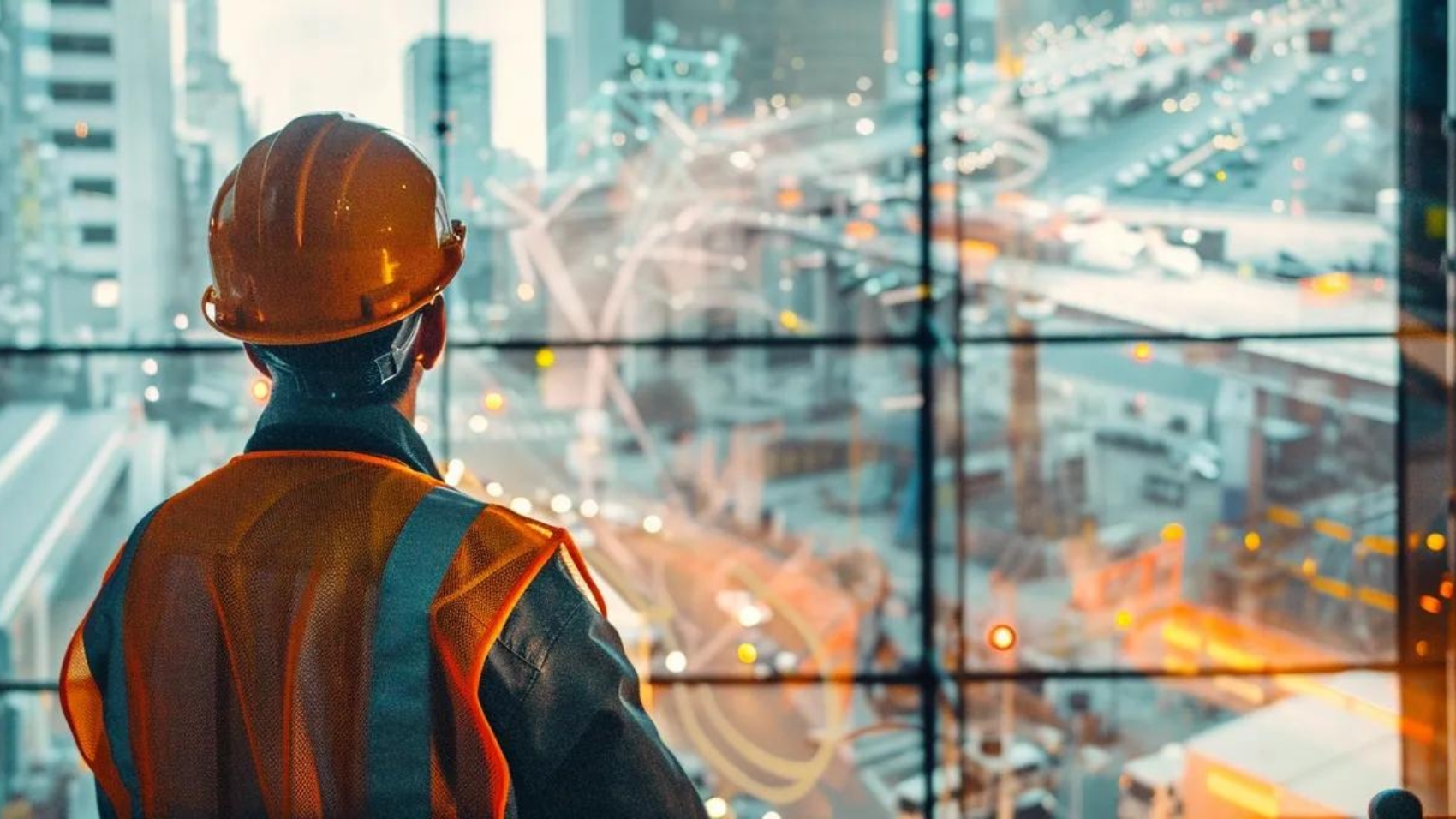 a construction consultant overseeing a bustling construction site while a digital advertisement for their services plays on a large screen nearby.