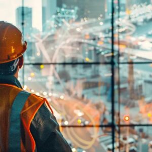 Construction consultant in hard hat and safety vest observing urban development through large glass window, illustrating the intersection of construction and marketing strategies for the industry.