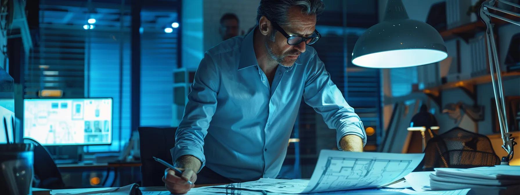 a construction consultant reviewing blueprints and brainstorming creative advertising ideas in a modern office setting.