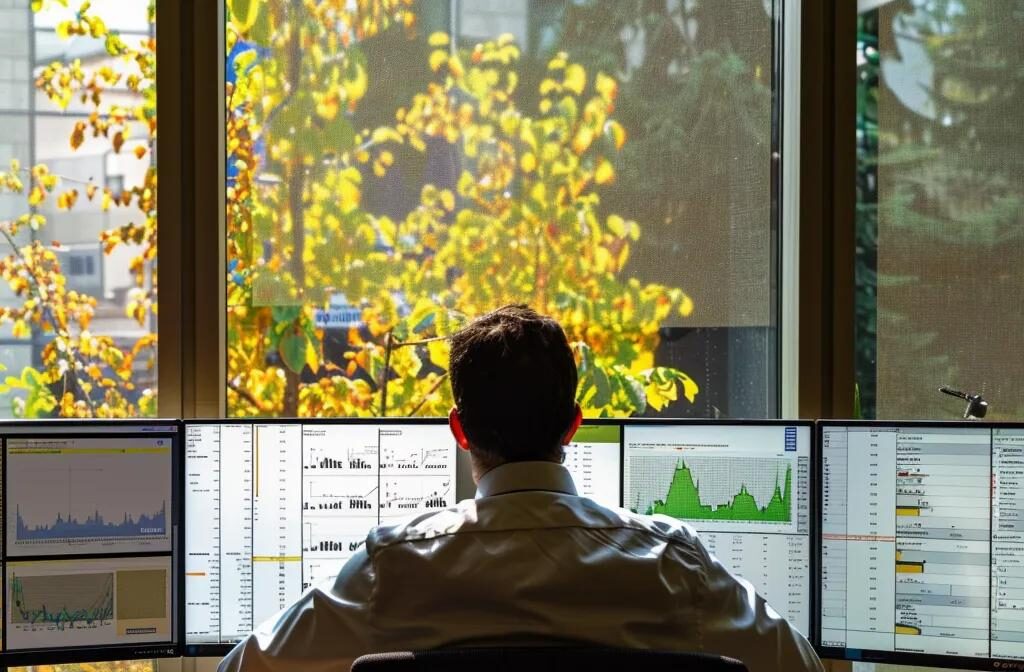 a construction consultant studying data analytics and competitive landscape on a computer screen in a modern office setting.