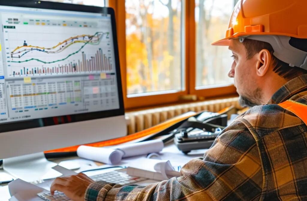 a construction firm owner analyzing detailed ppc campaign data on a large computer screen, surrounded by blueprints, hardhat, and measuring tape.