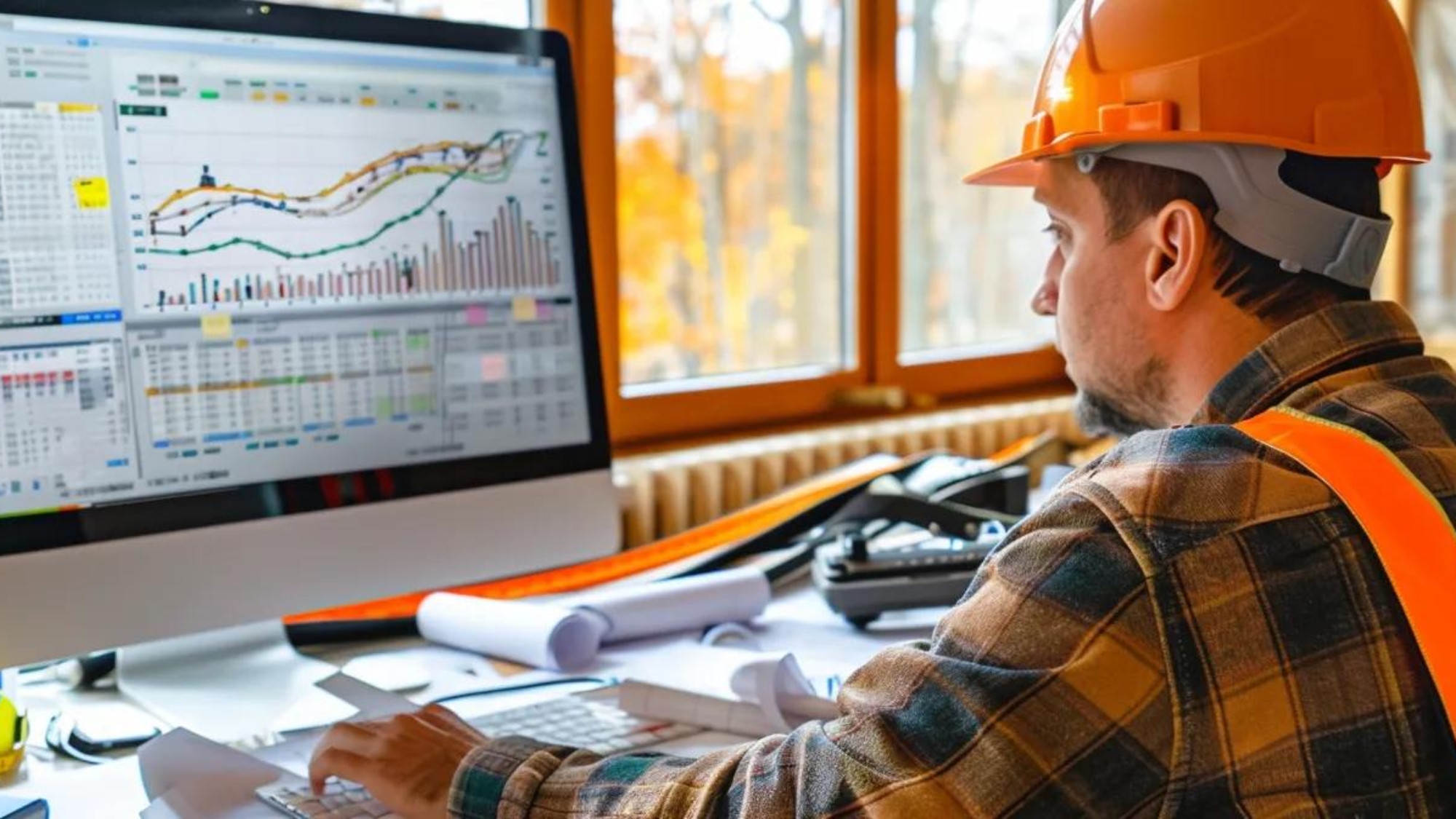 a construction firm owner analyzing detailed ppc campaign data on a large computer screen, surrounded by blueprints, hardhat, and measuring tape.