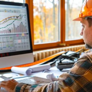 Construction professional analyzing data on a computer screen, wearing an orange hard hat, with architectural plans and marketing materials on the desk, reflecting effective digital marketing strategies for construction firms.