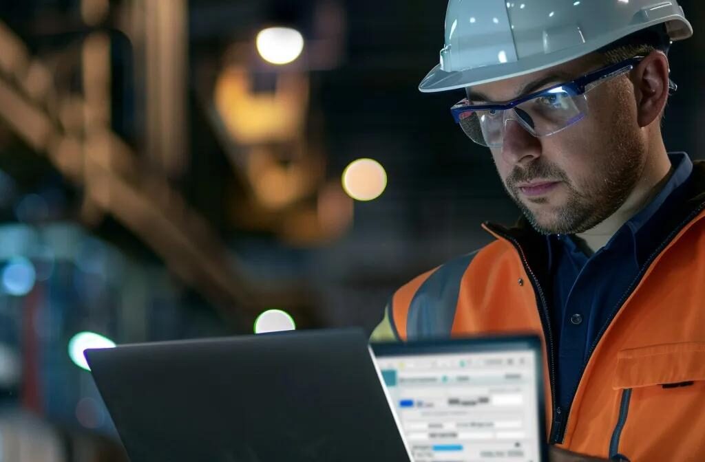 a construction manager analyzing email marketing data on a laptop screen, with charts showing open rates and conversion rates.