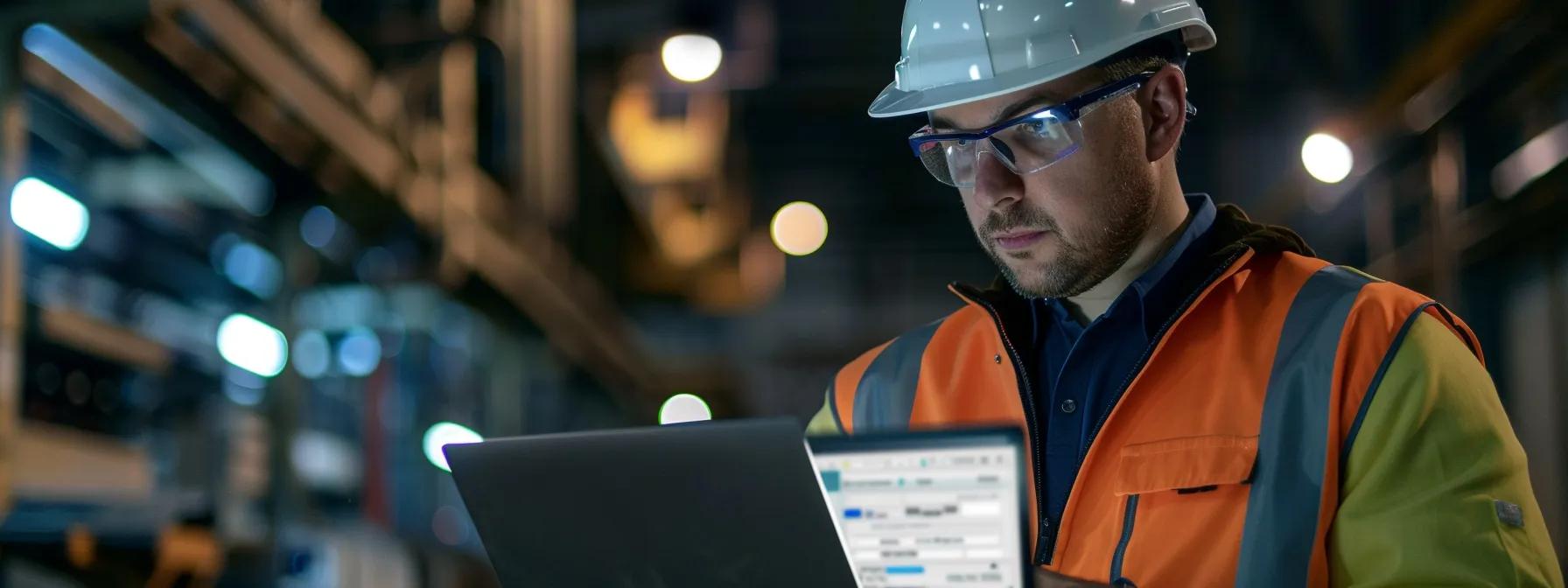 a construction manager analyzing email marketing data on a laptop screen, with charts showing open rates and conversion rates.