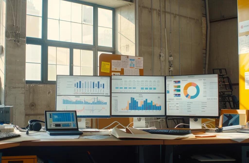 a construction office desk cluttered with graphs, charts, and laptops displaying ppc campaign performance data in colorful, detailed analytics.