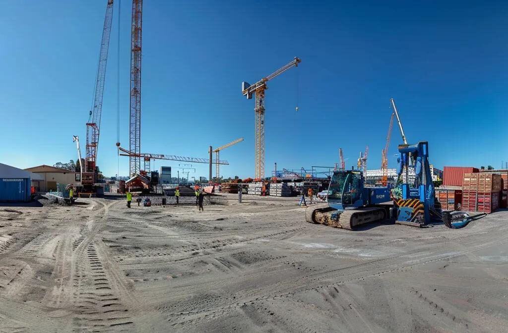 a construction site bustling with workers and machinery, surrounded by towering cranes under a clear blue sky.