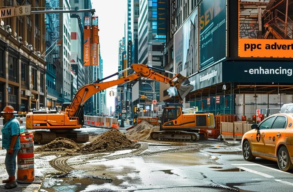 a construction site with a prominent billboard displaying