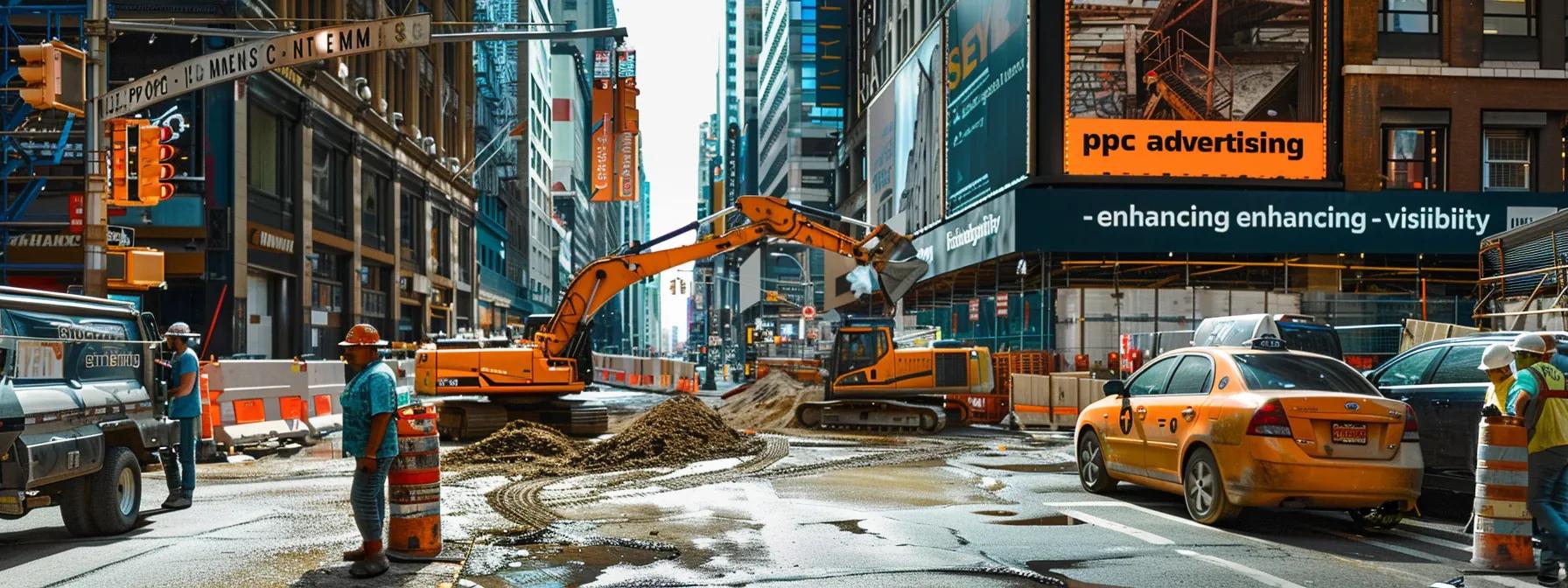 a construction site with a prominent billboard displaying