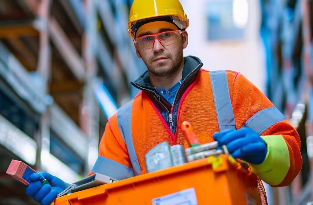 a construction worker holding a toolbox filled with vibrant, eye-catching marketing materials for a construction project.