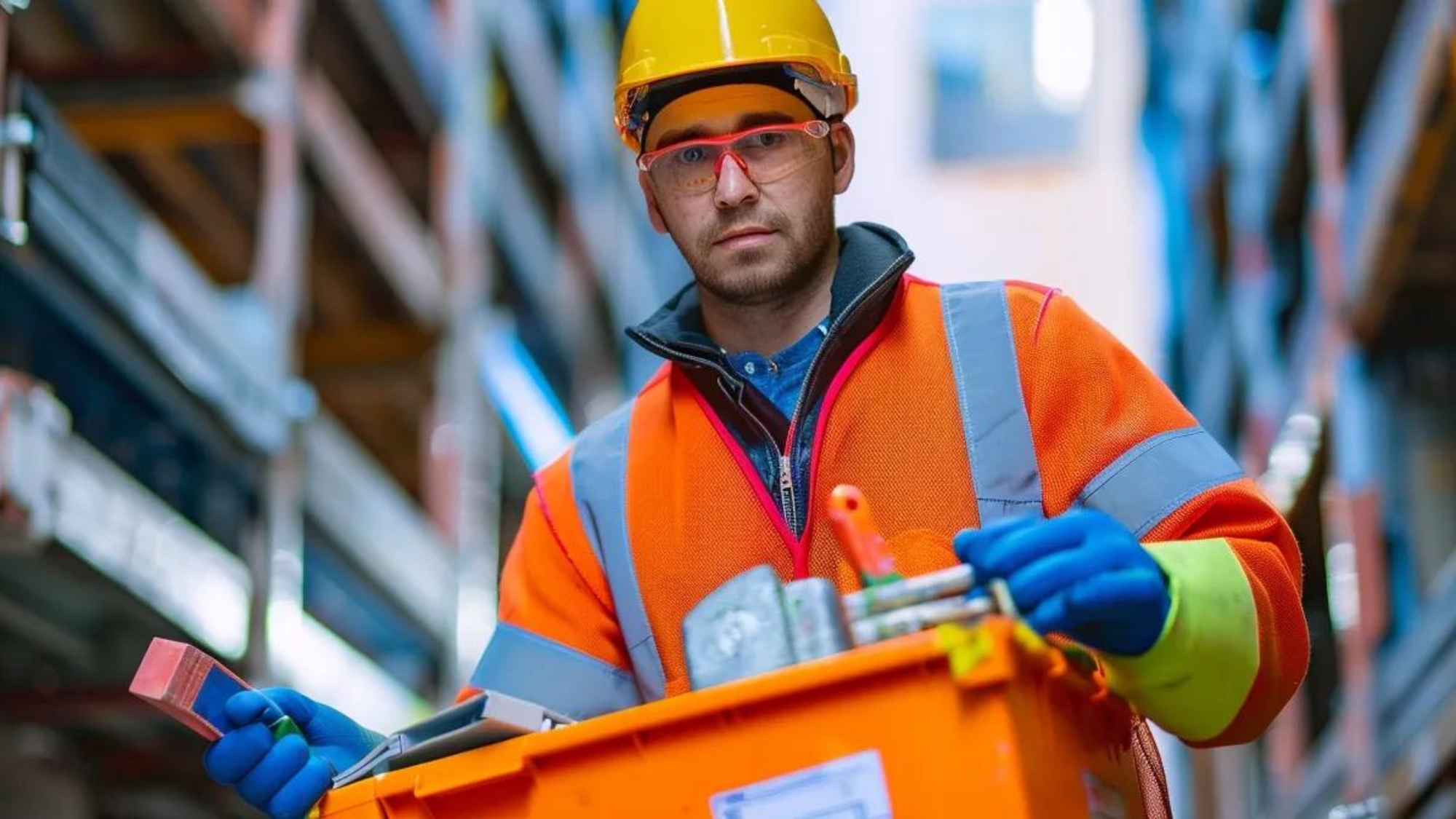 a construction worker holding a toolbox filled with vibrant, eye-catching marketing materials for a construction project.