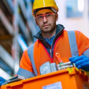 Construction worker in safety gear, holding tools in an orange toolbox, emphasizing safety and professionalism in the construction industry.