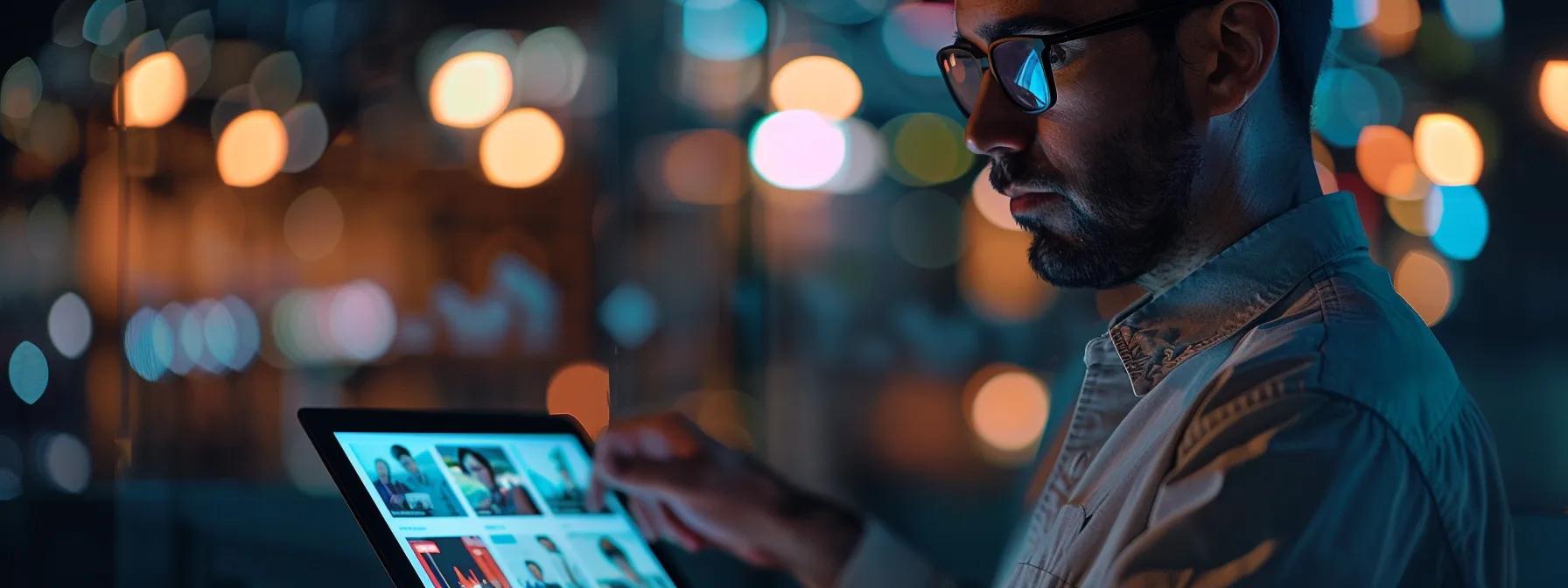 a construction worker holding a tablet displaying personalized content for different target audiences, with various client profiles and case studies on the screen.