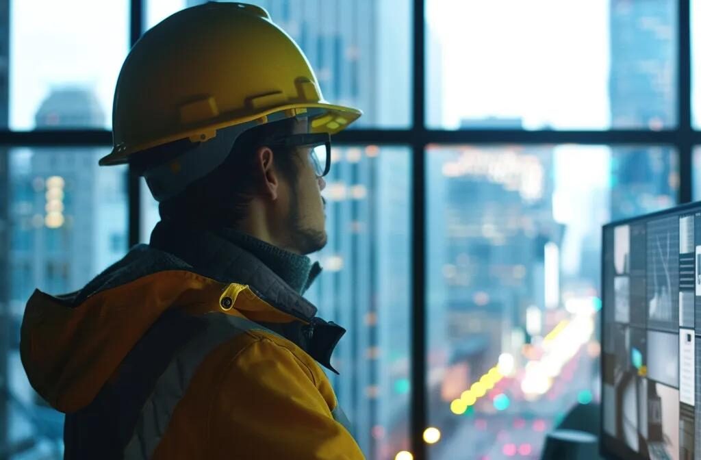 a construction worker in a hard hat reviewing a computer screen displaying a detailed ppc campaign targeting relevant keywords and effective call-to-actions for a construction firm.