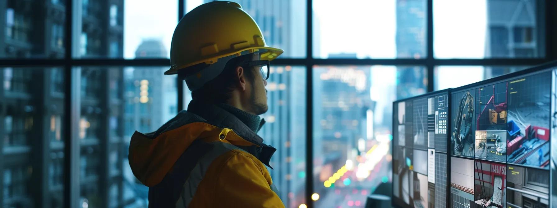 a construction worker in a hard hat reviewing a computer screen displaying a detailed ppc campaign targeting relevant keywords and effective call-to-actions for a construction firm.