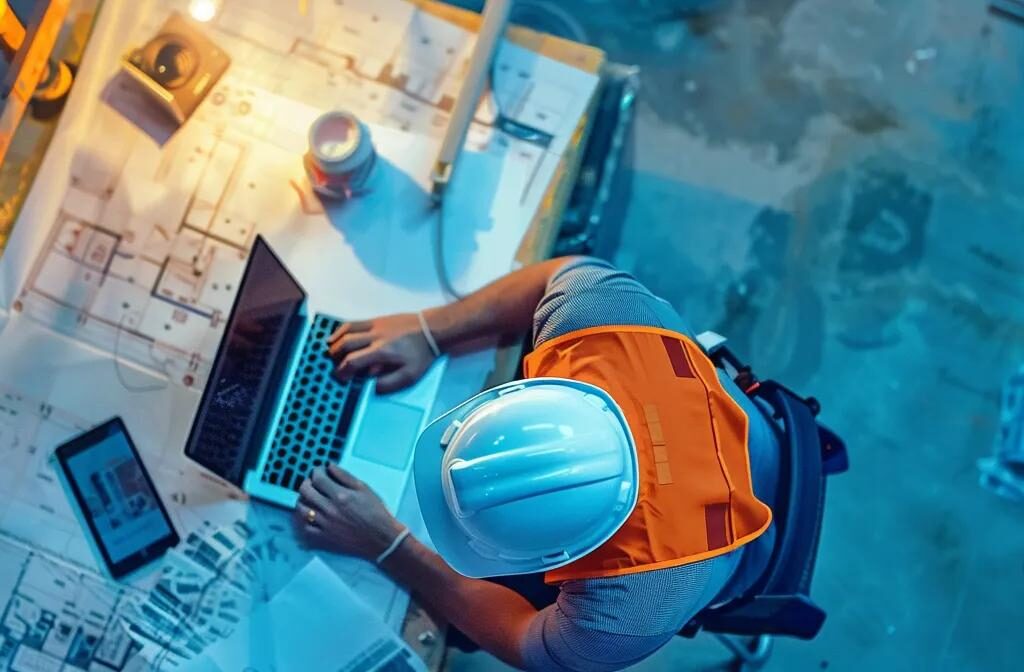 a construction worker in hard hat typing on a laptop surrounded by blueprints and gadgets.