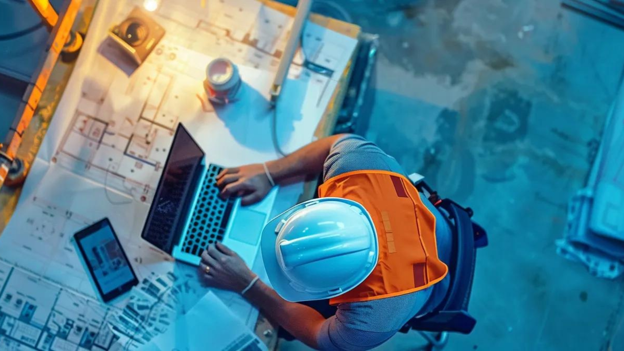 a construction worker in hard hat typing on a laptop surrounded by blueprints and gadgets.