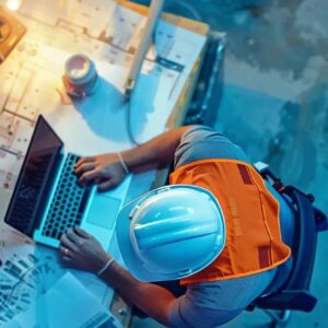 Construction worker in hard hat and orange vest using laptop on project plans, emphasizing digital marketing strategies for construction firms.