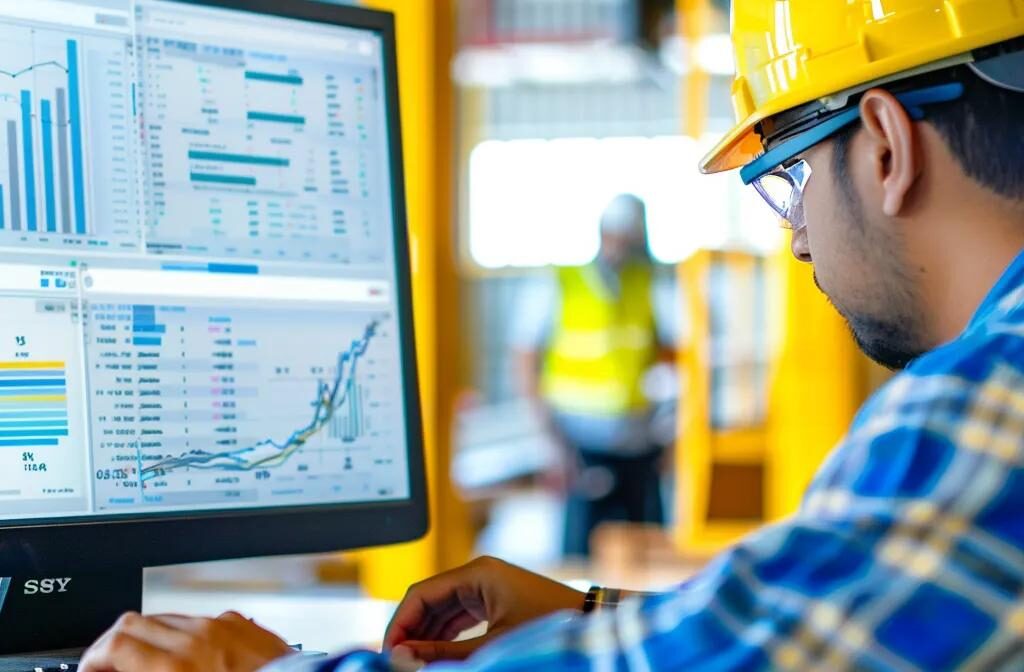 a construction worker meticulously studying a computer screen displaying detailed seo analytics, surrounded by charts and graphs, emphasizing the importance of monitoring and analyzing performance in the digital landscape.