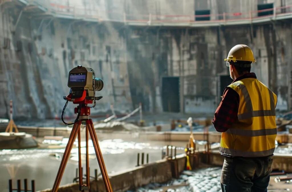 a construction worker using a high-tech device to target specific locations for marketing purposes.