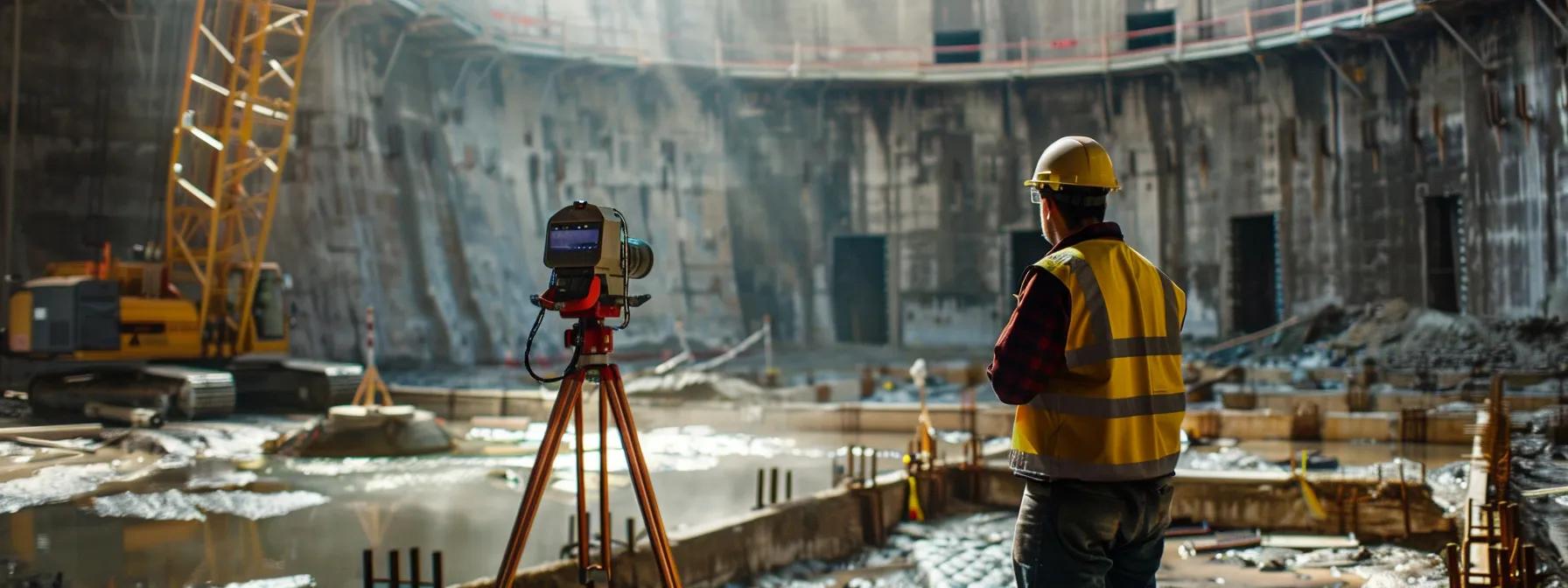 a construction worker using a high-tech device to target specific locations for marketing purposes.