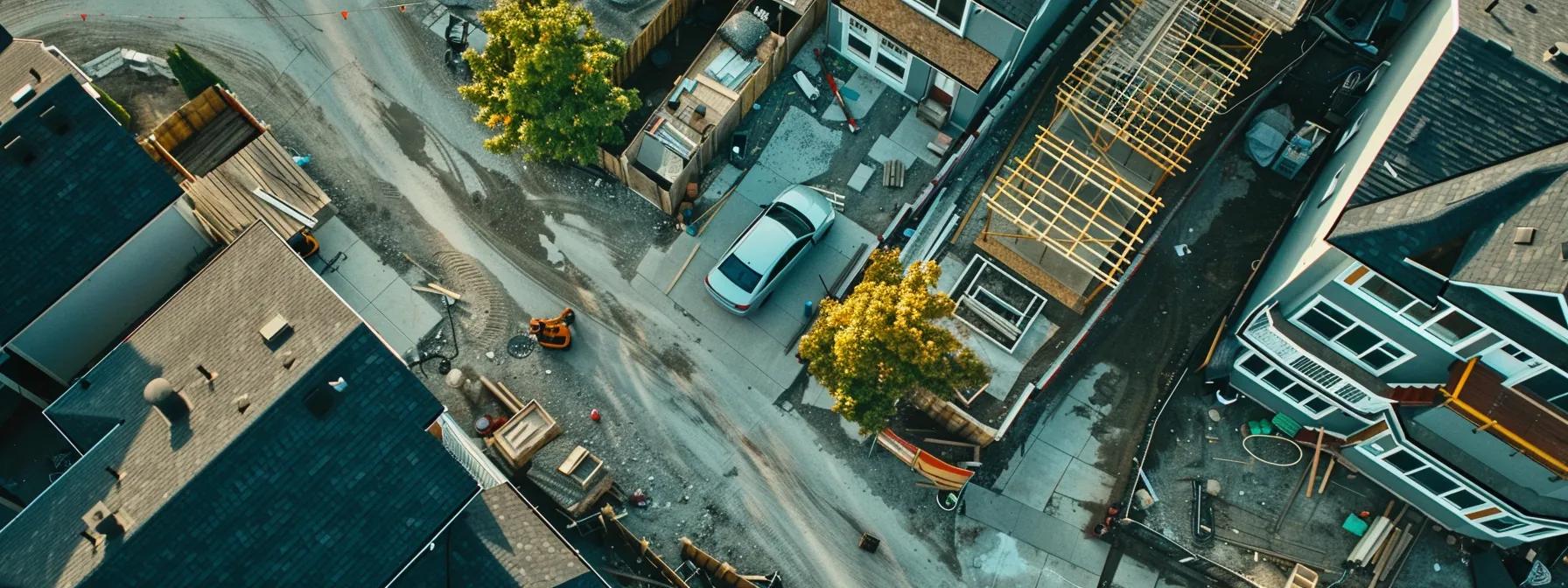 a mesmerizing drone footage capturing a construction project from above, showcasing innovative digital marketing techniques for increased homeowner engagement.