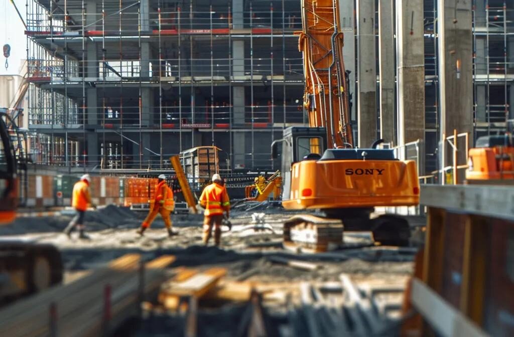 a modern construction site with a sleek logo displayed prominently on the equipment and uniforms.