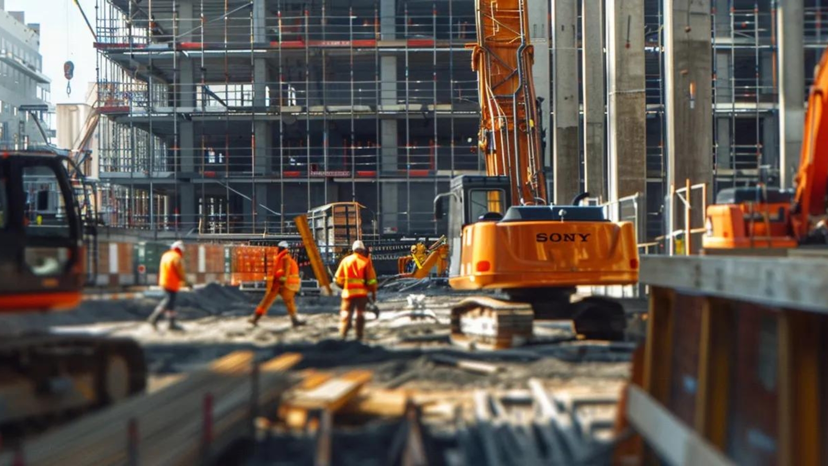 a modern construction site with a sleek logo displayed prominently on the equipment and uniforms.