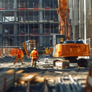 Construction workers in safety gear operating machinery at a modern construction site, highlighting the integration of technology in construction marketing strategies.