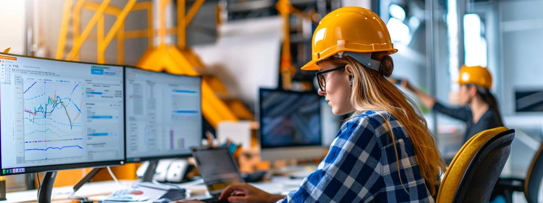 a construction firm analyzing data on multiple computer screens to optimize ppc campaigns for maximum roi.