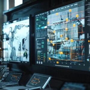 Futuristic construction monitoring interface displaying digital blueprints, global maps, and project data analytics, emphasizing advanced web design for the construction industry.