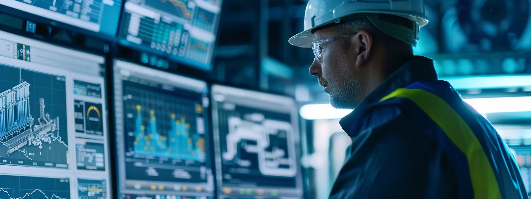 a construction company executive studying a detailed data analytics report on a computer screen, surrounded by charts and graphs highlighting content performance metrics to refine marketing strategies for enhanced customer engagement.