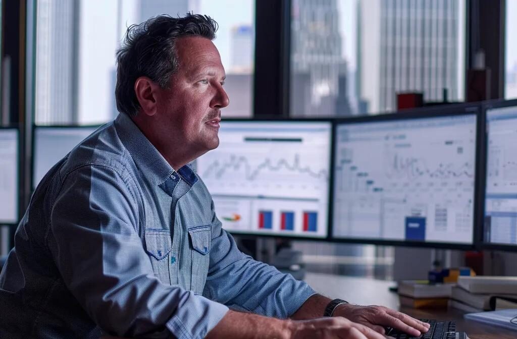 a construction consultant sitting at a sleek desk, surrounded by multiple computer screens displaying search engine marketing data, social media engagement metrics, email marketing campaigns, and industry-specific display ads.