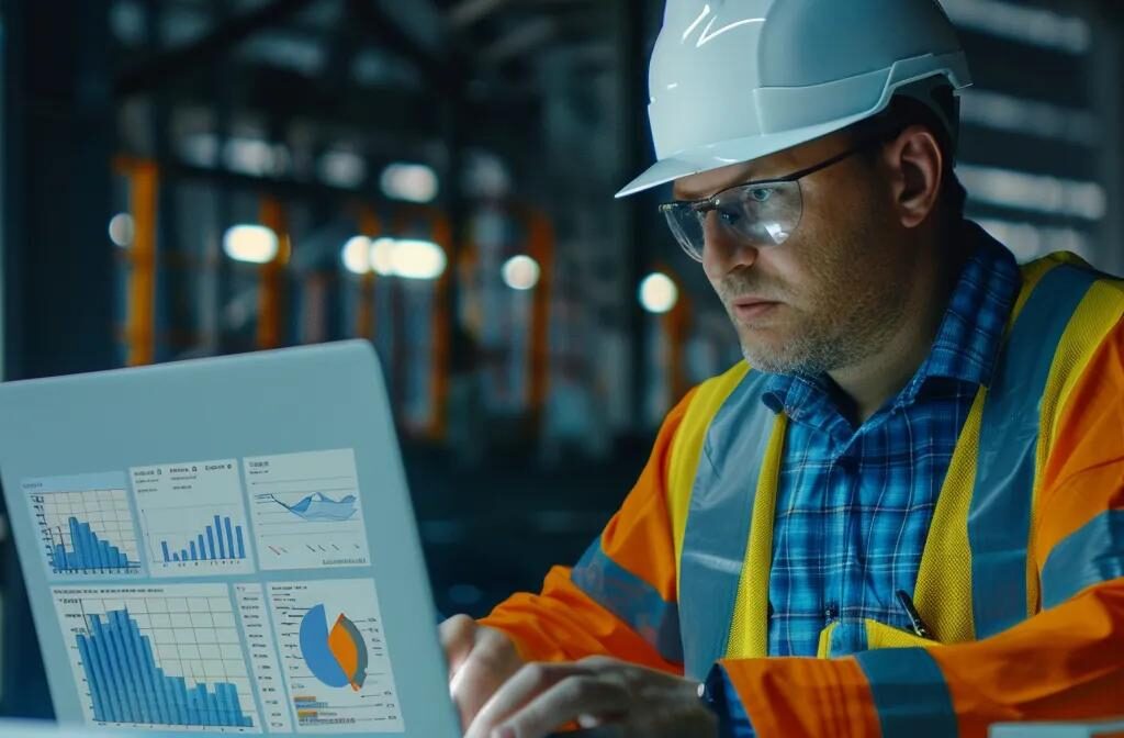 a construction consultant studying a dynamic online advertising campaign on a laptop, surrounded by charts and graphs showcasing successful strategies and innovative methodologies.