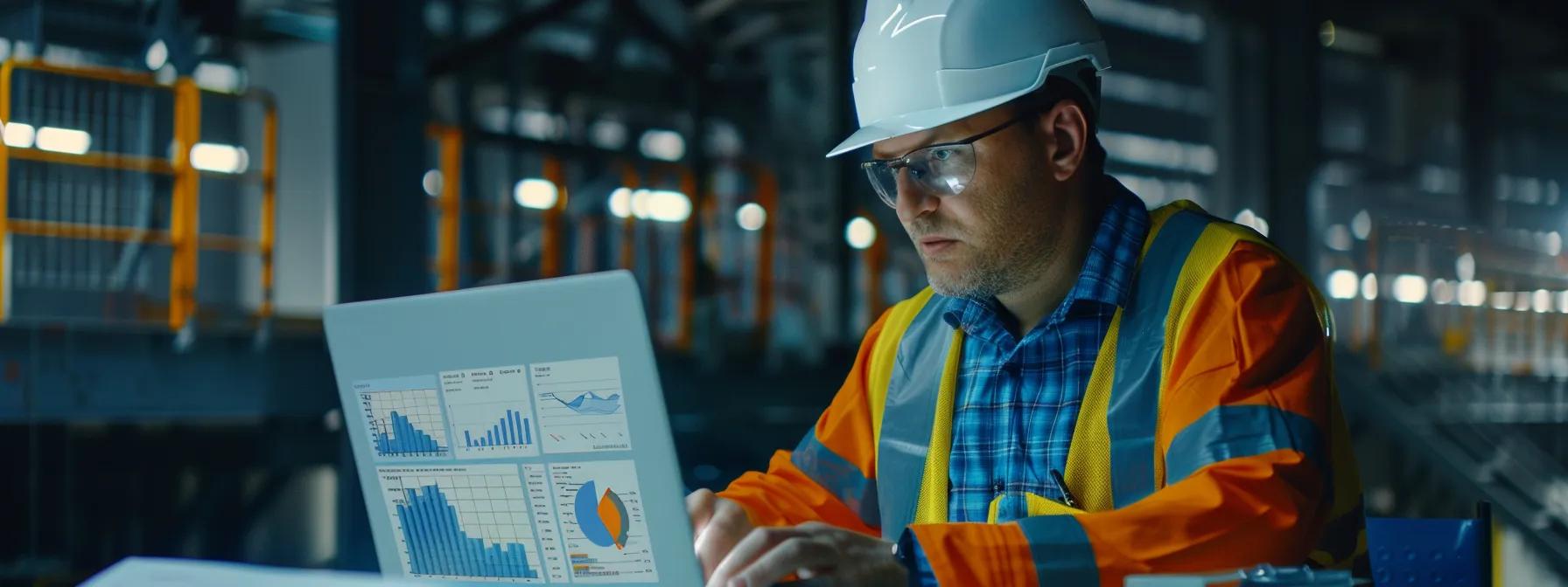 a construction consultant studying a dynamic online advertising campaign on a laptop, surrounded by charts and graphs showcasing successful strategies and innovative methodologies.