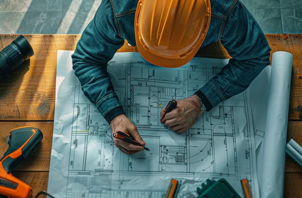 a construction expert writing a detailed blog post, surrounded by blueprints and construction tools, showcasing their authority in the industry.