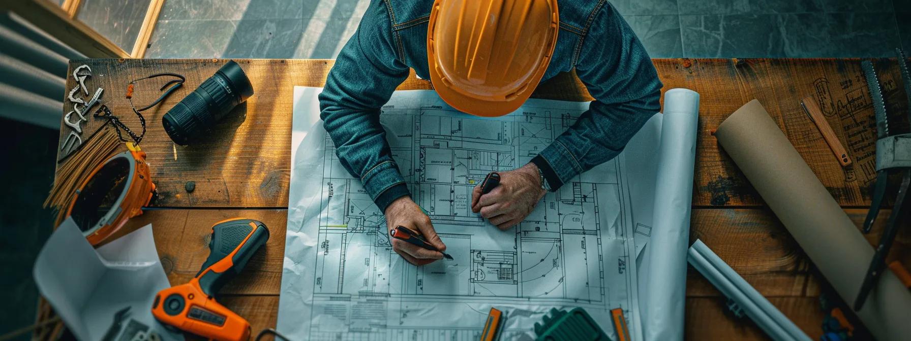 a construction expert writing a detailed blog post, surrounded by blueprints and construction tools, showcasing their authority in the industry.