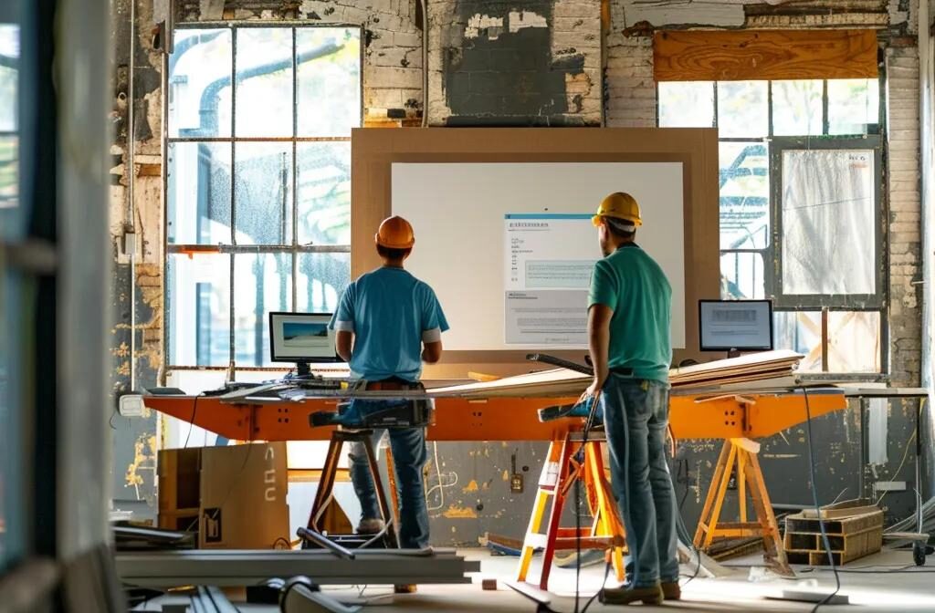 a construction firm's email marketing workshop featuring a captivating subject line display, industry updates, project visuals, and clear calls to action.