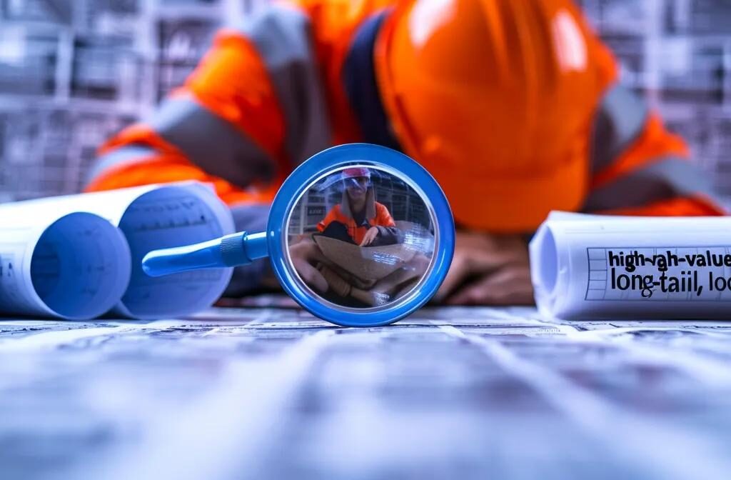 a construction worker analyzing a blueprint with a magnifying glass, surrounded by stacks of keywords labeled